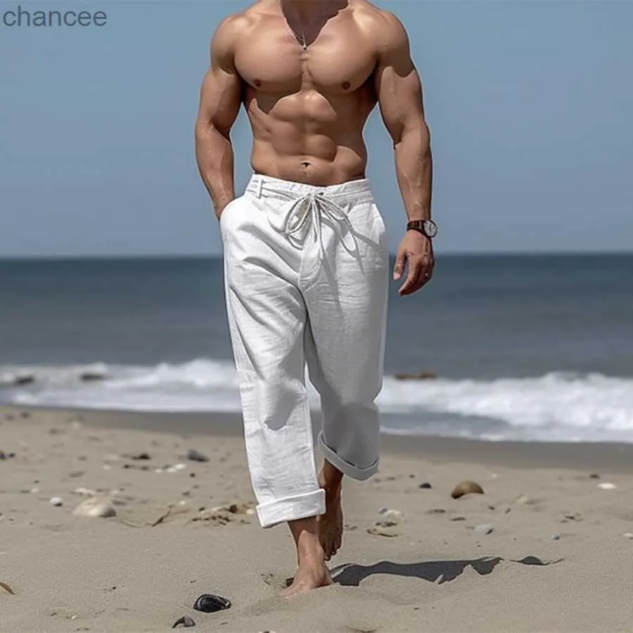 بياض قطن تنفس السراويل غير الرسمية الرجال الأسود سراويل بيضاء الشاطئ الصلبة ربطة عنق مرنة السراويل طويلة السراويل طويلة pantalonslf20230824.
