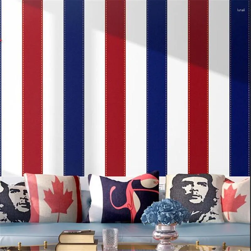 Tapeten Wallyu Europäischer und amerikanischer Stil reines Papier Retro Boy Schlafzimmer Zimmer Roter Blue vertikale Streifen Britische Wind Tapete