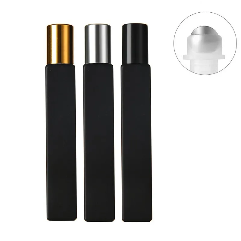 Empty Square Glass Roll On Bottles 10ml  Oil Perfume Bottle with Matte Black/White Color Stainless Steel Roller Ball