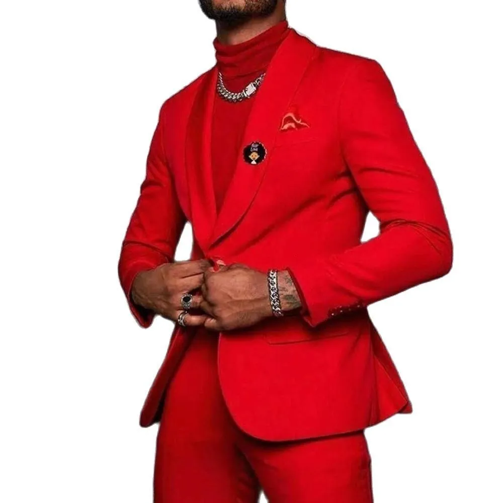 Men's Red Business Suit Blazers with Pants, 2-Piece Wedding Tuxedo Set