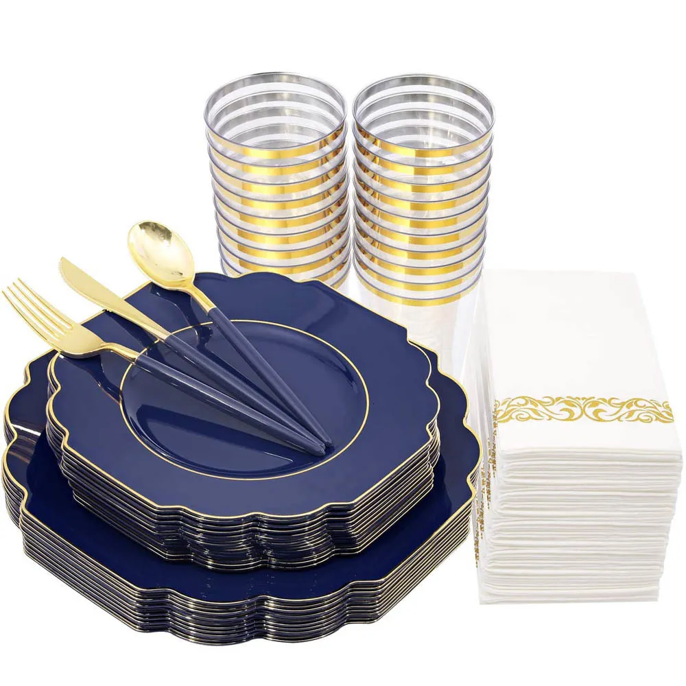 Disposable Dinnerware 50Pcs Blue Plastic Plates and Gold Silverware Party Tableware Set Adult Birthday Decoration Wedding 230825