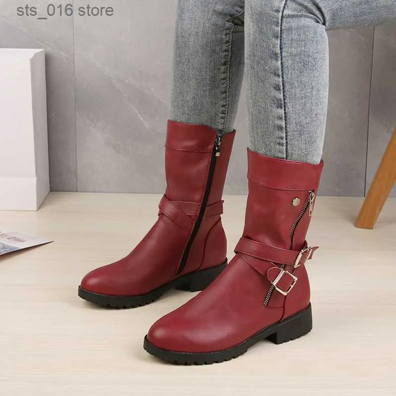 Goth Mid-Calf Women Female 43 Plus Size Buckle Low Square Heel dragkedja Läder Flat Shoes Red Black Grey Boots 2022 T230824 337