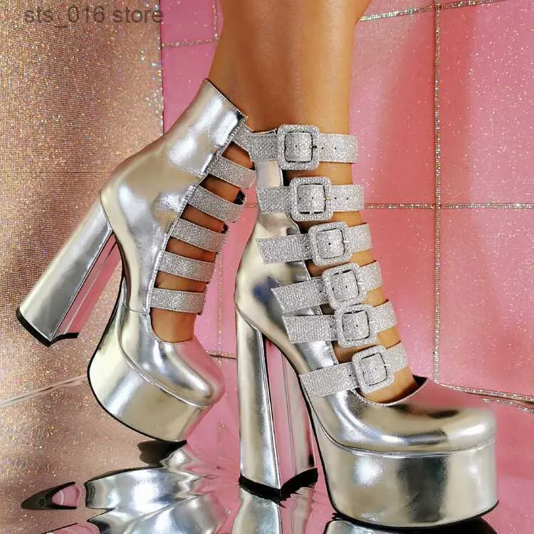 Stiefel Mode Silber Metallic Plattform High Heels Knöchel Sommer Stiefel für Frauen Glitter Marke Luxus Designer Sommer Schuhe Große Größe 47 T230824