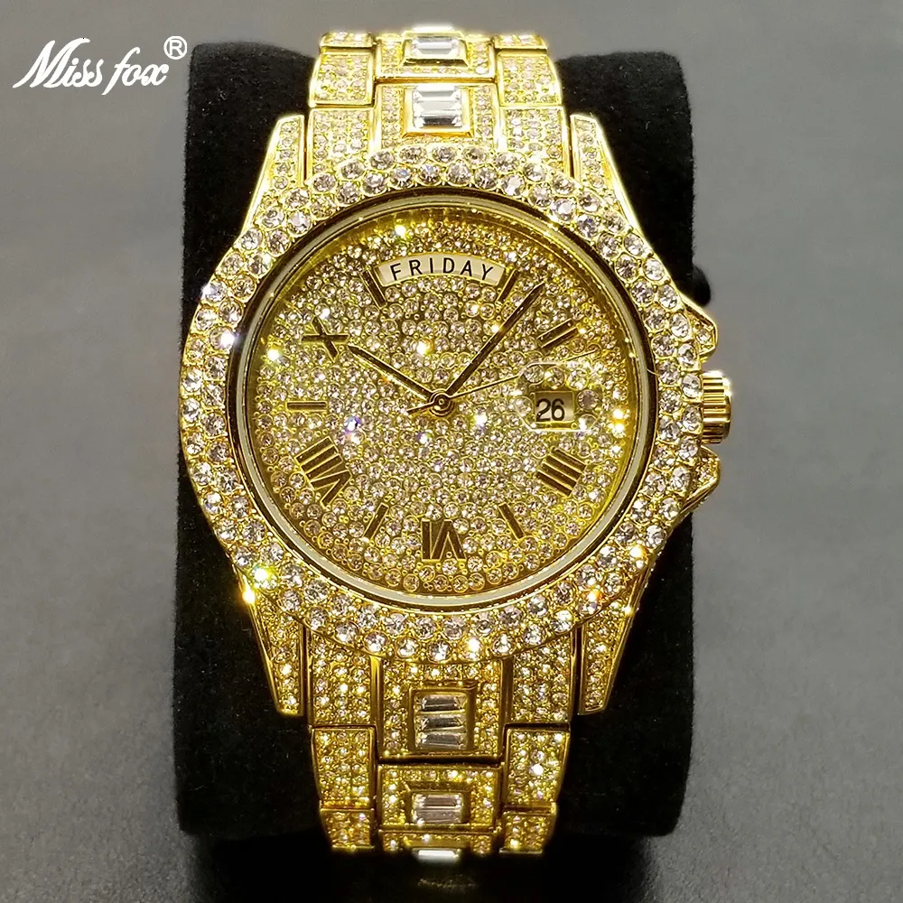 Wristwatches Full Iced Out Watch For Men Luxury Gold Hip Hop Diamond Quartz Mens Watches Waterproof Day Date Clock Selling Product 230825