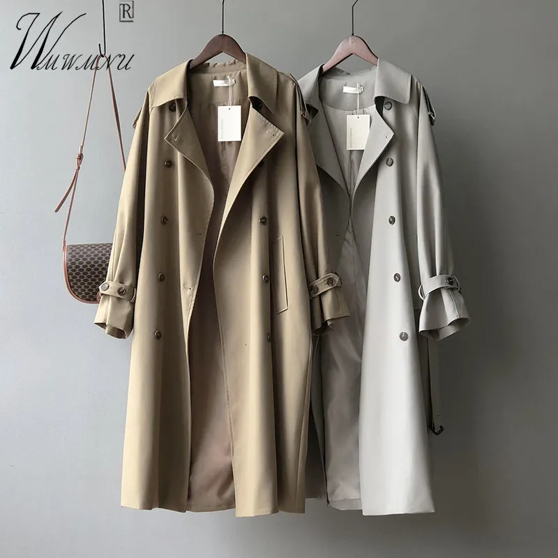 Trenchs Femmes Classique Kaki Long Trench-Coats Femmes Oversize Mode Coréenne Ceinture Coupe-Vent Automne Printemps Pardessus Double Boutonnage Gabardinas 230824