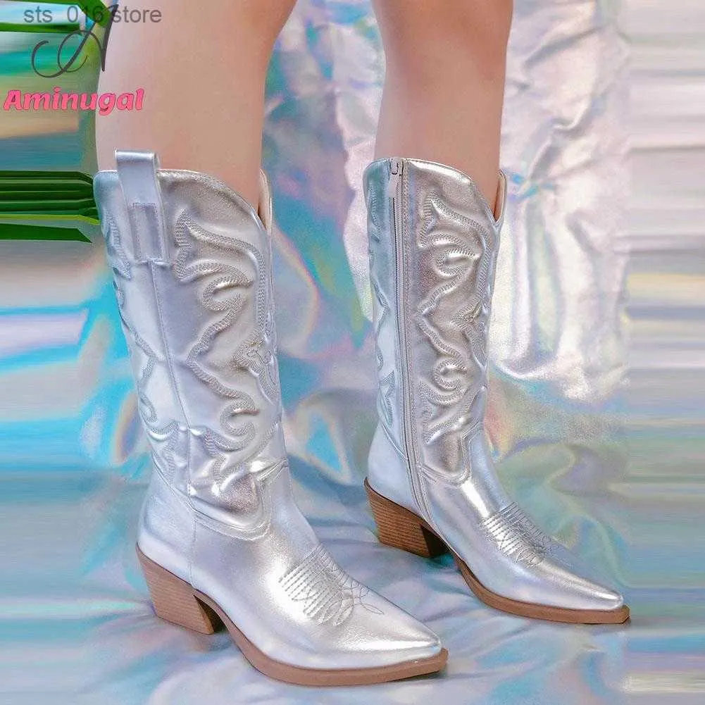 AMINUGAL Women's Cowgirl Boots - Pointed Toe Chunky Heel Western Ankle Boots, Metallic Retro Style