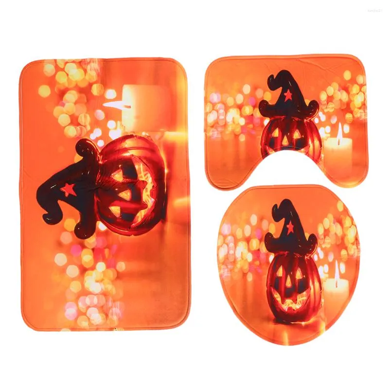 Bath Mats 1 Set/3pcs Halloween Pumpkin Bathroom Rug Non-Slip Mat Toilet Cover