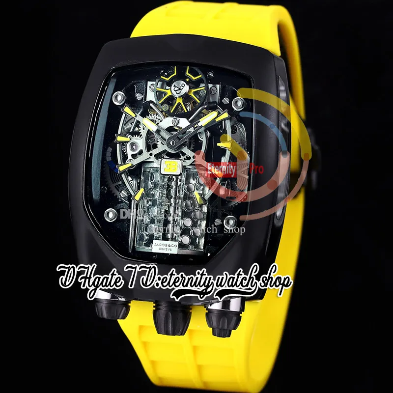 Bugatti Chiron Tourbillon Autoamtic Mens Watch 16 cilindros motor esqueleto mostrador preto caixa de aço PVD pulseira de borracha amarela Super Edition relógios de eternidade BU200.21