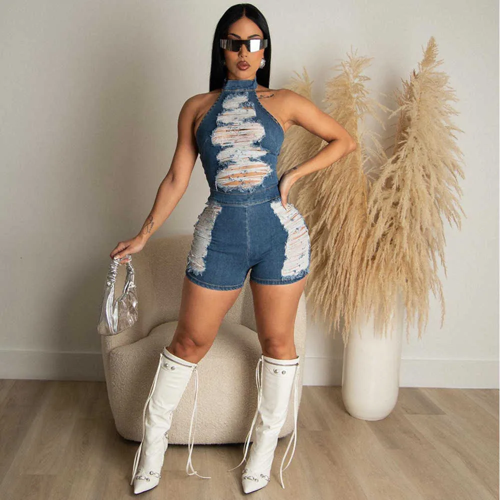 Women s Denim Jumpsuit with Suspenders and Hollow Tassels Distressed Shorts Casual Street Outfit Y2K All in One