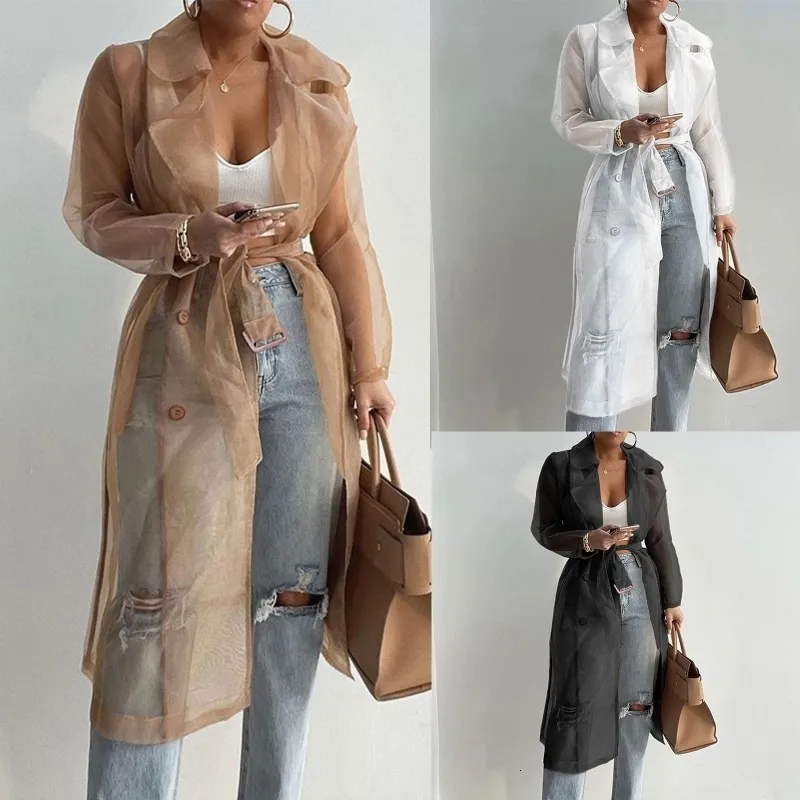 Women's Trench Coats Fashion Women Mesh Jacket Puff Sleeve Sunscreen Shirt Lace Up Summer Thin Coat 230824