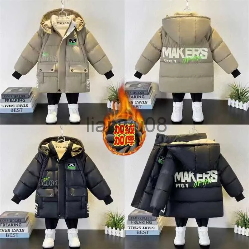 Down Coat Winter Boys Fashion Warm Outerwear 2023 New Children Thicken Windproof Coats Kids Clothes Teens Hooded Letter Print Down Jackets x0825