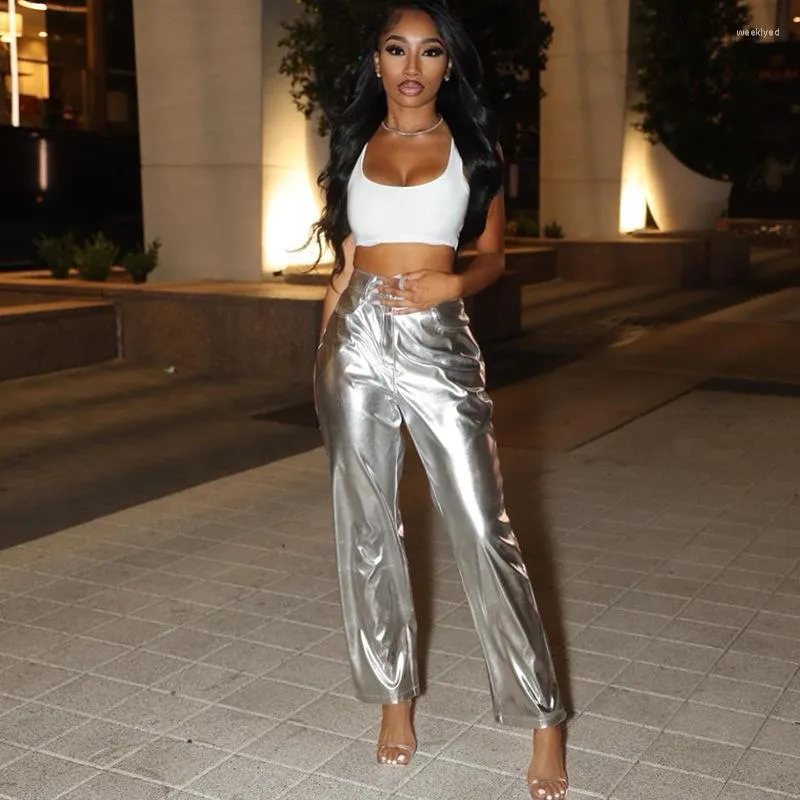 Pantalon Femme Argent Métallique Faux Cuir 2023 Femmes Taille Haute Longue Hiver Hip Hop Streetwear Y2K Night Club Wear