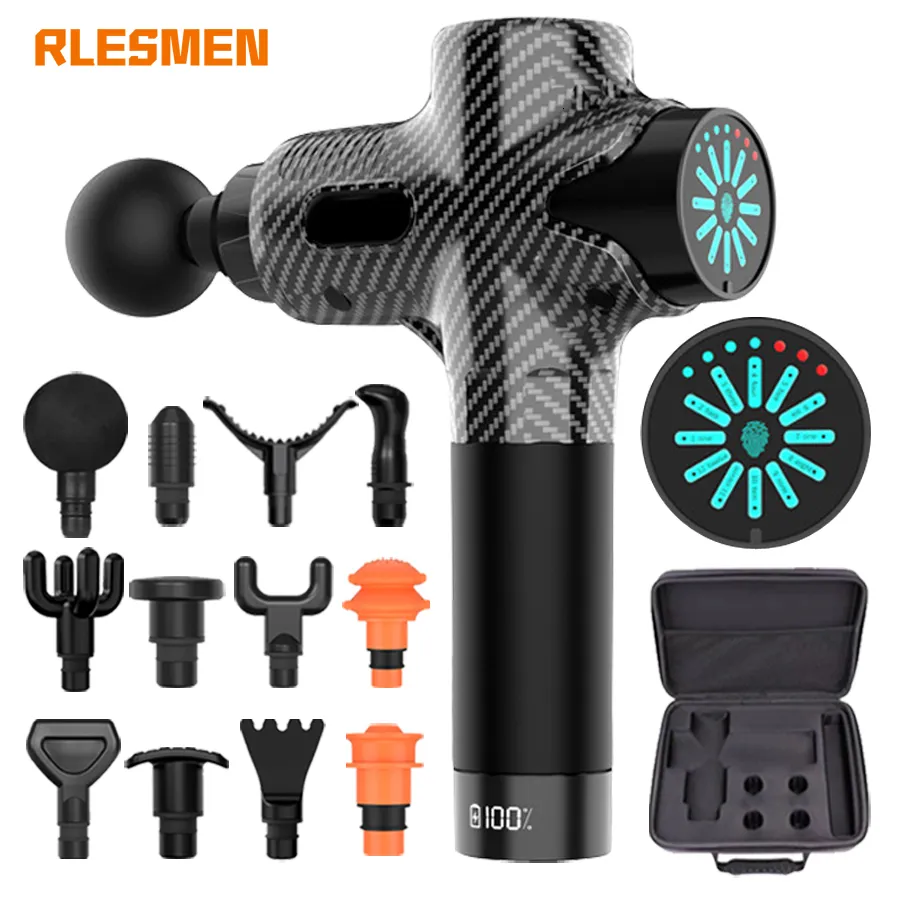 Massage Gun RLESMEN 12 Heads High Frequency Muscle Relaxation Electric Massager With Portable Bag Therapy For Fitness Men 230824