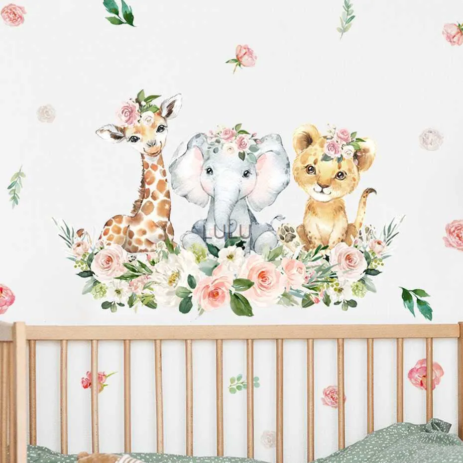 Cartoon Cute Watercolor Pink Floral Safari Jungle Animal Wall Sticker for Kids Room Baby Girl Nursery Decals Bedroom Home Decor HKD230825 HKD230825