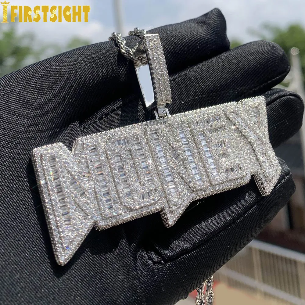 Anhänger Halsketten Iced Out Bling Buchstaben Geld Anhänger Halskette Gold Silber Farbe Rechteck CZ Zirkon Charme Männer Frauen Hip Hop Schmuck 230824