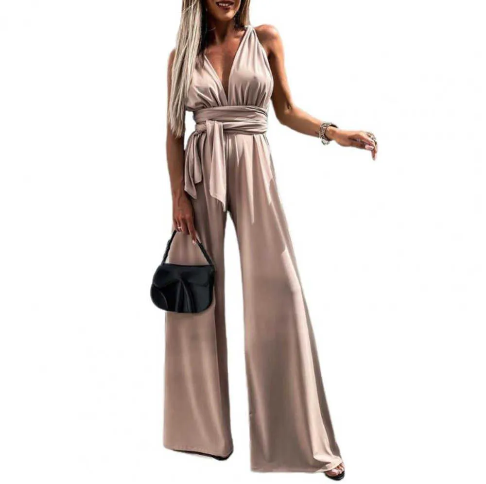 Women's Jumpsuits Rompers Women Long Sleeveless High Waist V Neck Backless Wide Leg Elegant Banquet Party Female Mono Muje