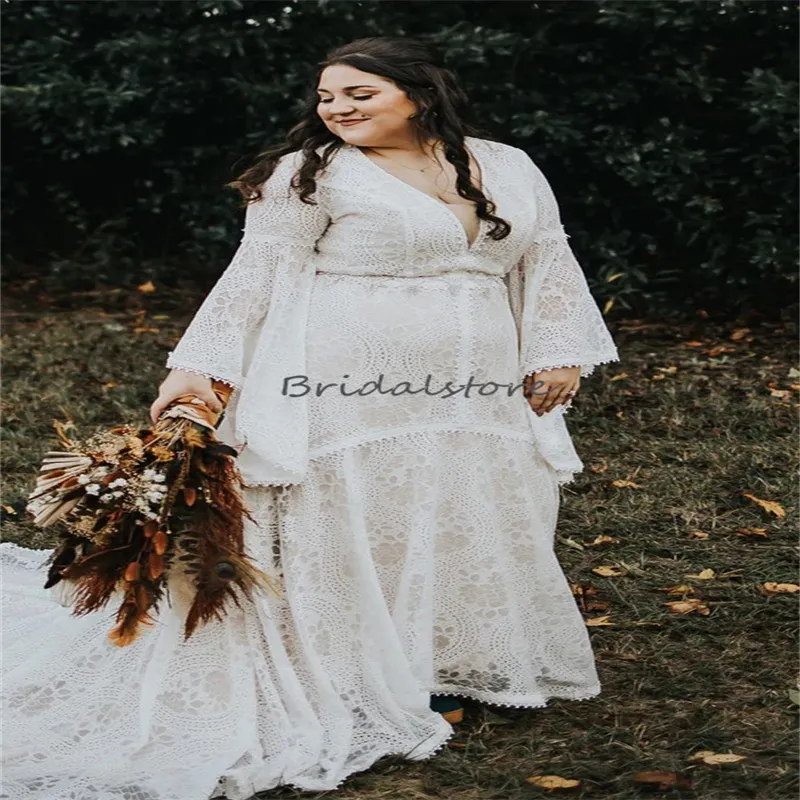 Fee Plus Size Gehaakte Kanten Trouwjurk Lange Mouwen Volledig Kant Fantasie Koreaanse Bruidsjurk 2023 Elegant Forest Country Bridal Robe De Mariee Vestios De Novia