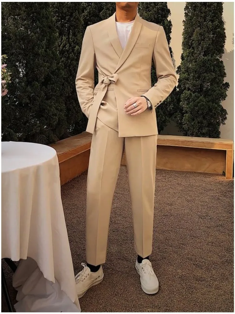 Ternos masculinos Blazers Champange Homens formais com cinto Slim Fit 2 peças Noivo Smoking para casamento xale lapela personalizado jaqueta masculina calças 230824
