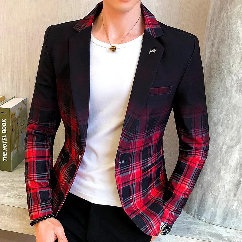 Męskie garnitury Blazery Spring Colorblock Plaid Blazer Men Slim Casual Man Blazers Wedding Business Party Ubranie Suknia płaszcza M-3XL 230824