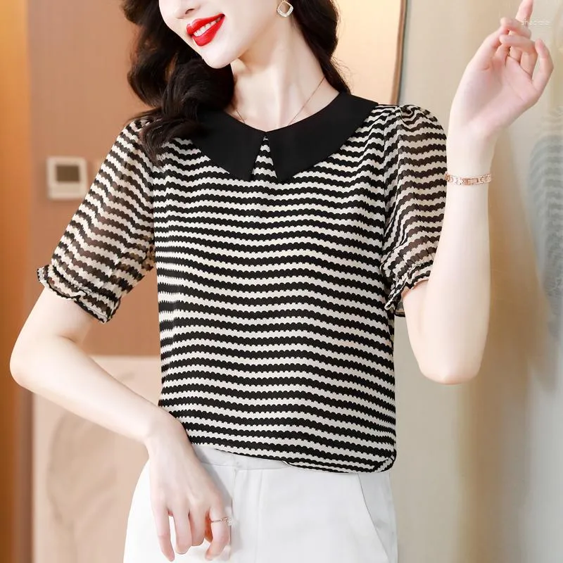 Women's T Shirts ZUO MAN RU 2023 Summer Doll Neck Black Silk Stripe Printed Chiffon Top Loose Large And Thin Slim Shirt T-shirt