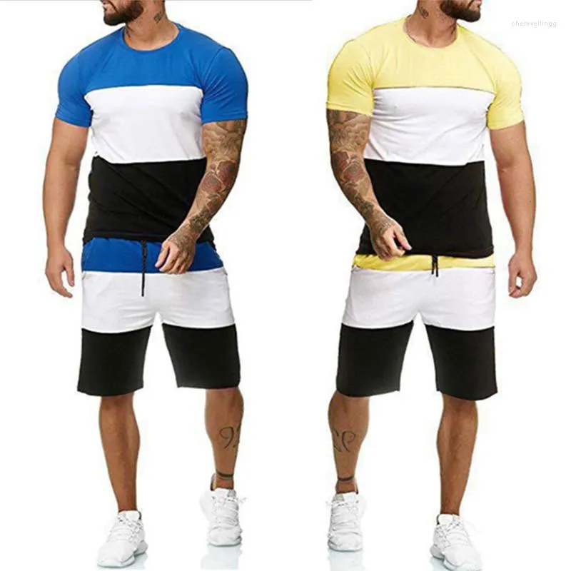 Survêtements pour hommes 2023 Trois couleurs Patchwork Ensemble à manches courtes T-shirts à col rond et shorts à séchage rapide Classique Gym Cool Tenues
