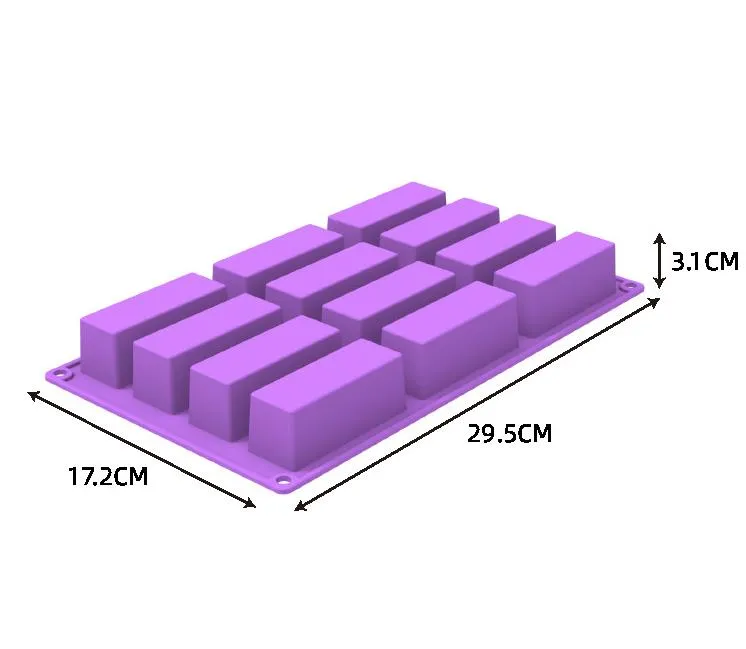 12 Cavity Silicone Rectangle Mould Protein Bars mold Energy Bars Maker for Caramel Bread Loaf Muffin Brownie Cornbread Cheesecake Pudding Soap Butter Molds SN4454