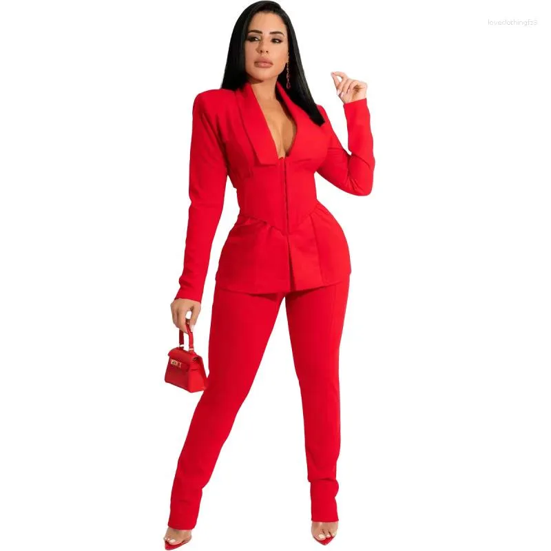 Damen Zweiteilige Hosen Frau 2-teiliges Set in Weiß Casual Langarm DoubleButton Blazer HosenSet Damen Eleganter Business-Anzug Trajes De