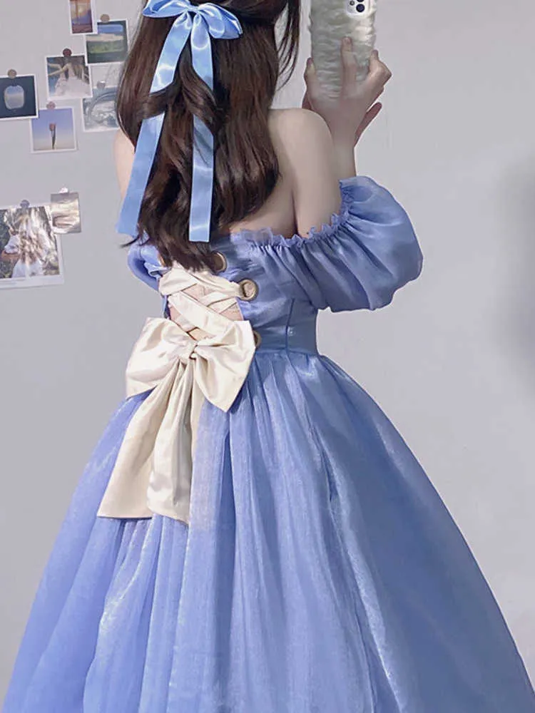 Sommer Blau Frankreich Vintage Fee Kleid Retro Elegante Abend Party Midi Dresse Puff Sleeve Sexy Korea Prinzessin 2022 230808