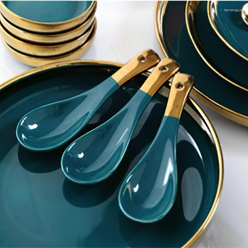 Plates Ceramic Small Soup Spoon Nordic Golden Rice Tableware Dessert Snack Fruit Salad Scoop Home Kitchen Supplies Dinnerware