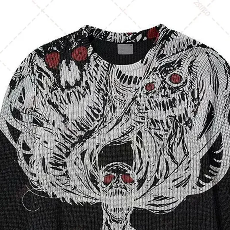 Emo Gothic HARAJUKU SWEATER VINTAGE KNITED Halloween Horror Expression Gothic Lose O-Neck Sweter Y2K Men's Hip Hop Street Apparel