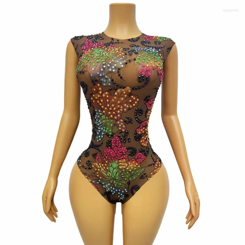 Stadiumkleding sexy kleurrijke strass bloemen bruin mesh bodysuit verjaardag vieren prestatie kostuum dans mouwloos turnpakje Caihua