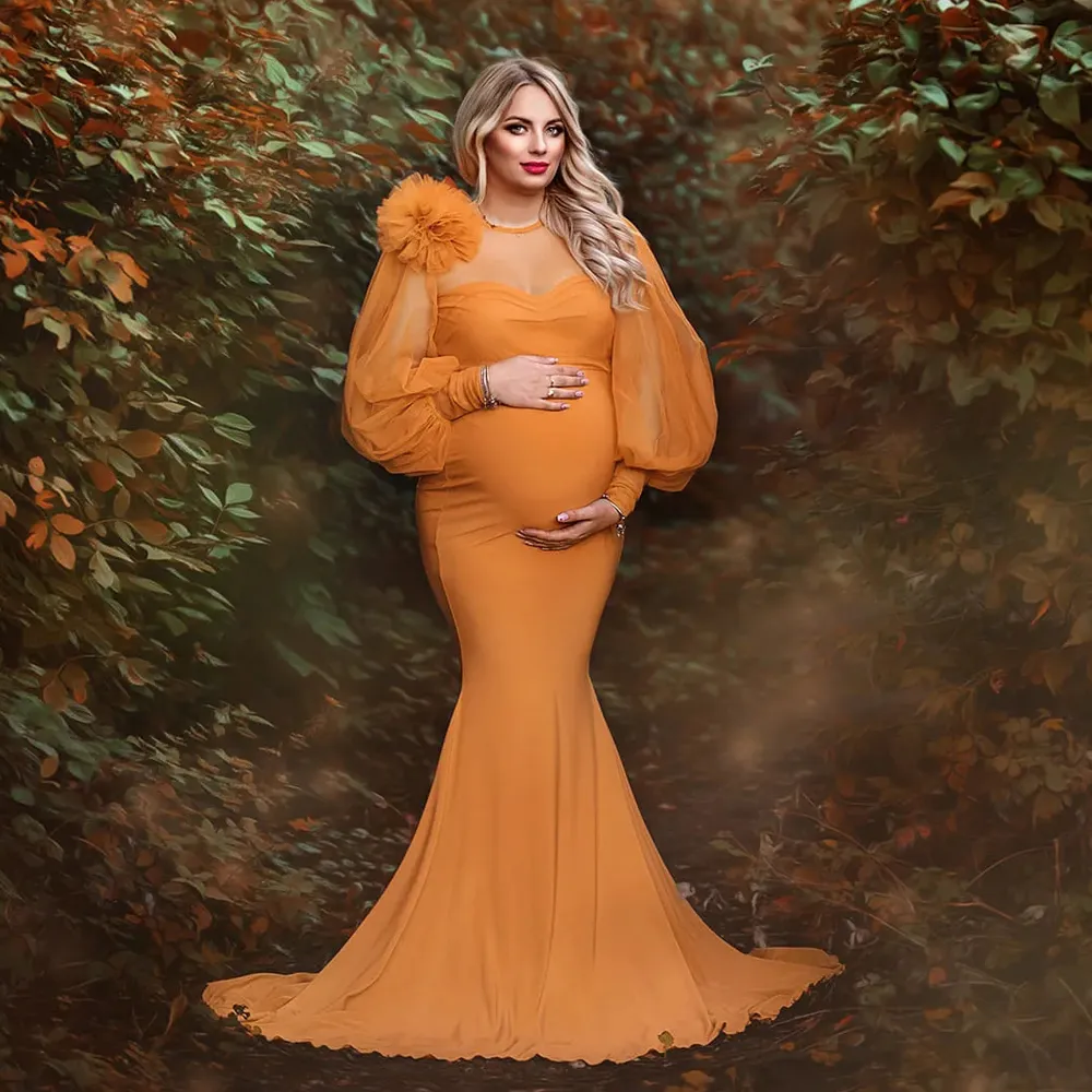 Robes d'occasion sirène orange grande taille pour maternité col transparent manches bouffantes femmes enceintes robes de séance photo robes de douche de bébé