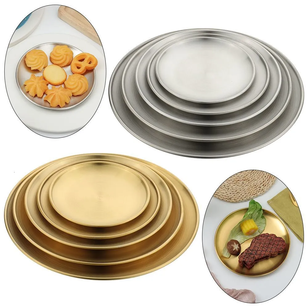 Dishes Plates 1417202326CM Stainless Steel Bone Spitting Dish Gold Silver Shallow Tray Round Plate Metal Dining Disc Dessert Tableware 230825