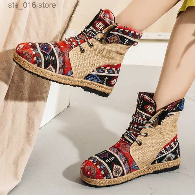 Haft do koronkowych patchwork buty kostki kobiety lekkie oddychanie bawełniane lniane design damskie buty botyn T230824 968 '