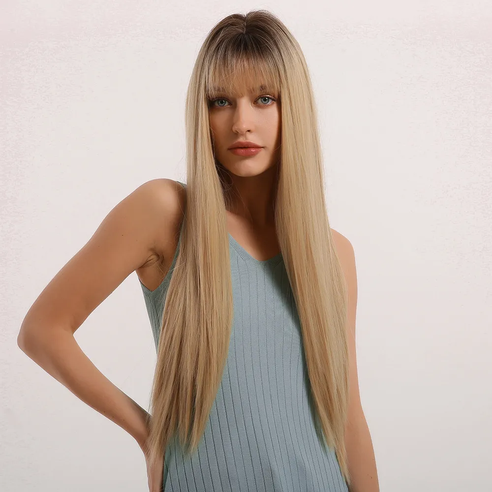 Natural Blonde Wig with Bangs Long Straight Ombre Wig with Dark Roots,  Middle Part, 26 Inch Synthetic Hair, Daily Wear Wig
