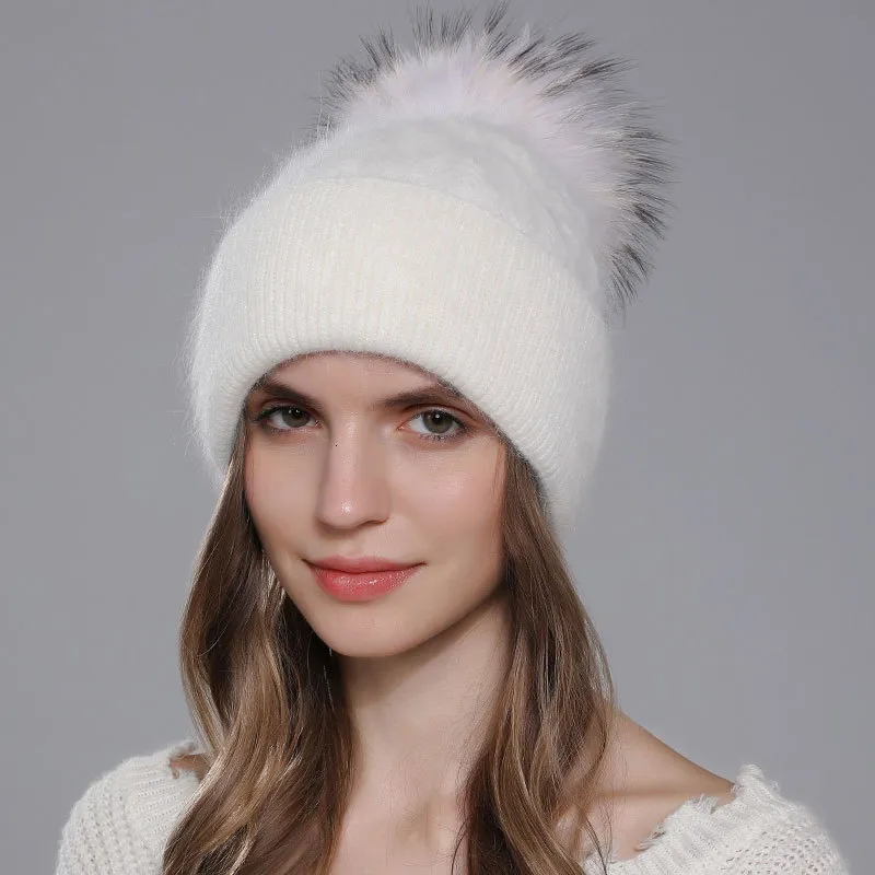 Beanie Skull Caps Cntang Natural Raccoon päls Pompom Knit Hat For Women Warm Angora Rabbit Bonnet Women's Winter Fleece Hats Casual Female 230825