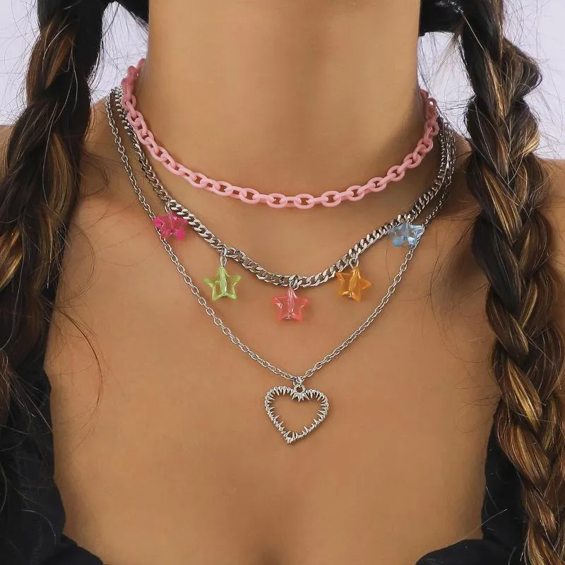 Anhänger Halsketten Sindlan 3 stücke Y2k Herz Silber Farbe Kette Neckalce Für Frauen Kpop Stern Ästhetischen Lustige Mädchen Schmuck Collares para Mujer