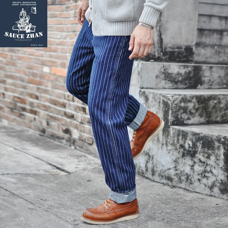 Jeans pour hommes Saucezhan rayé hommes Vintage Denim salopette American Railroad travail pantalon jean Slim Fit 230824