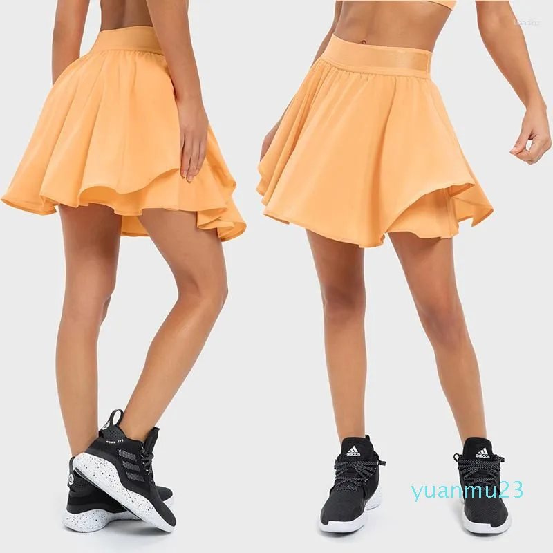 Kör shorts shinbene snabbtorkande falska 2-stycken tennis kjol foder sidficka anti-förlorad träning yoga för kvinnor