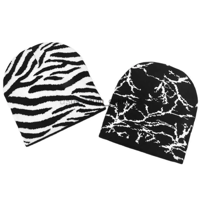 Beanie / Skull Caps Novos Gorros de Malha Chapéu Preto Branco Geometria Imprimir Inverno Quente Chapéus de Esqui Skullies Caps Soft Elastic Cap Sport Bonnet Homens Mulheres L0825