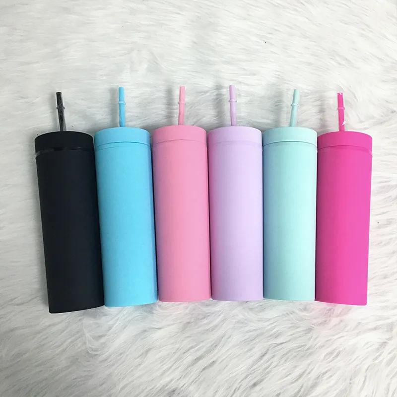 Mugs 16oz Acrylic Slim Skinny Tumbler Colorful Matte Water Bottle With Lid Straw Double Wall For Year Party Gifts 230825