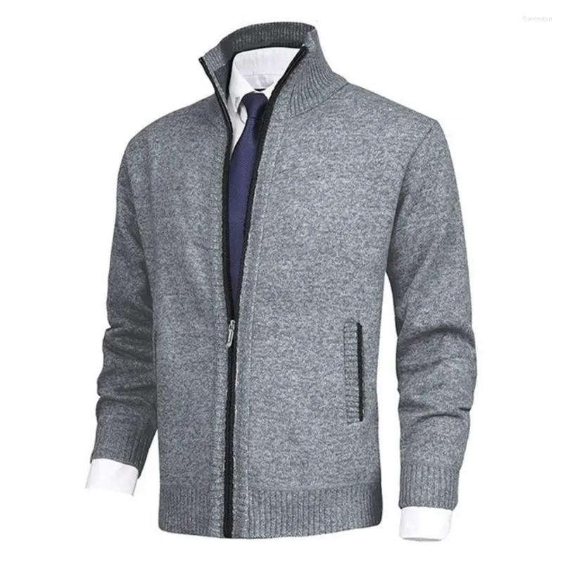 Camisolas masculinas homens camisola casaco elegante malha cardigan com gola bolsos laterais zíper placket para outono inverno moda