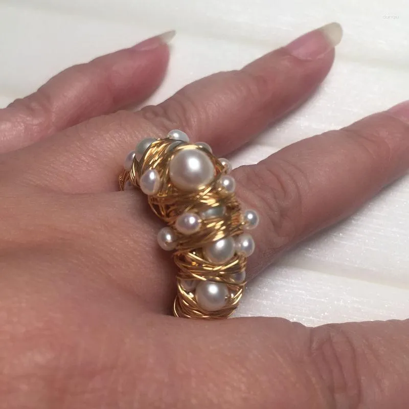 Cluster Rings Women's Natural Freshwater Pearls Handmade Retro Bright 18K Gold-Plated Colorfast Holiday Gifts Porto