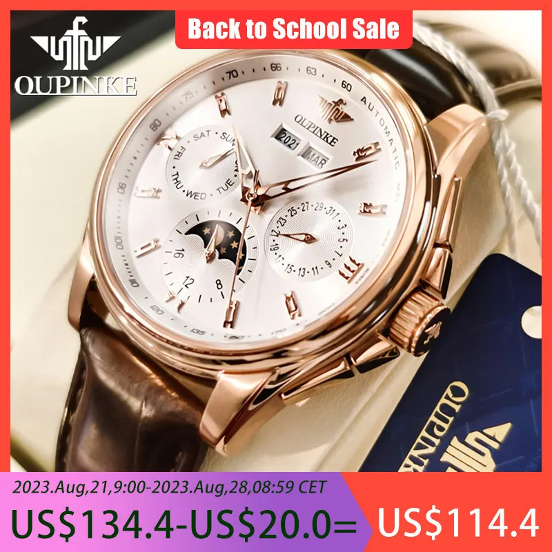 Наручительные часы Oupinke Luxury Watch Mens Chronograph Автоматические механические часы Кожаная полоса Водонепроницаемые лунные фазовые наручные часы Top Brand 230824