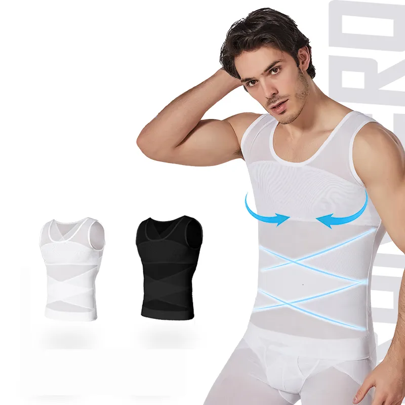 Waist Tummy Shaper Men Chest Compression Vest Gynecomastia Body Shaper Sleeveless Posture Corrector Slimming Tummy Control Waist Trimmer Mesh Tops 230824