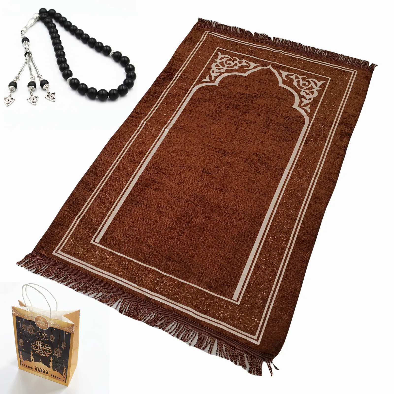 Janamaz, tappeto per preghiera musulmana e perline per preghiera con elegante scatola regalo,Sajjadah,morbido tappeto per preghiera islamica,set regalo islamico,tessuto taffettà, crema