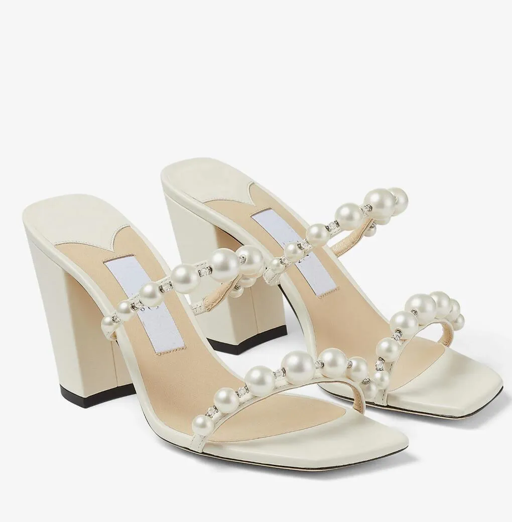 Amara de lujo Sandalias para mujer Zapatos Adorno de cristal de perlas Tacones de tiras Vestido de fiesta Slip de boda en zapatillas EU35-43, con caja