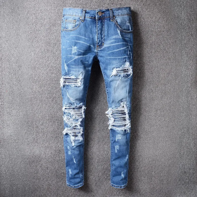 Herren Jeans Biker Pant Jeans Homme Marque De Luxe High Street Skinny Jeans Herren Trend Blue Ripped Jean Stacked Jean Hole Spijkerbroeken Heren 230825