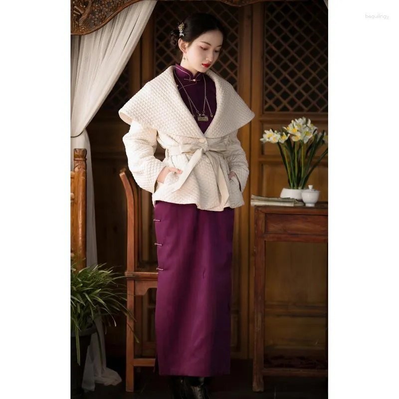 Etniska kläder original vinter i ett stycke quiltad klänning silk kinesisk traditionell lila cheongsam elegant retro qipao aftonklänningar länge