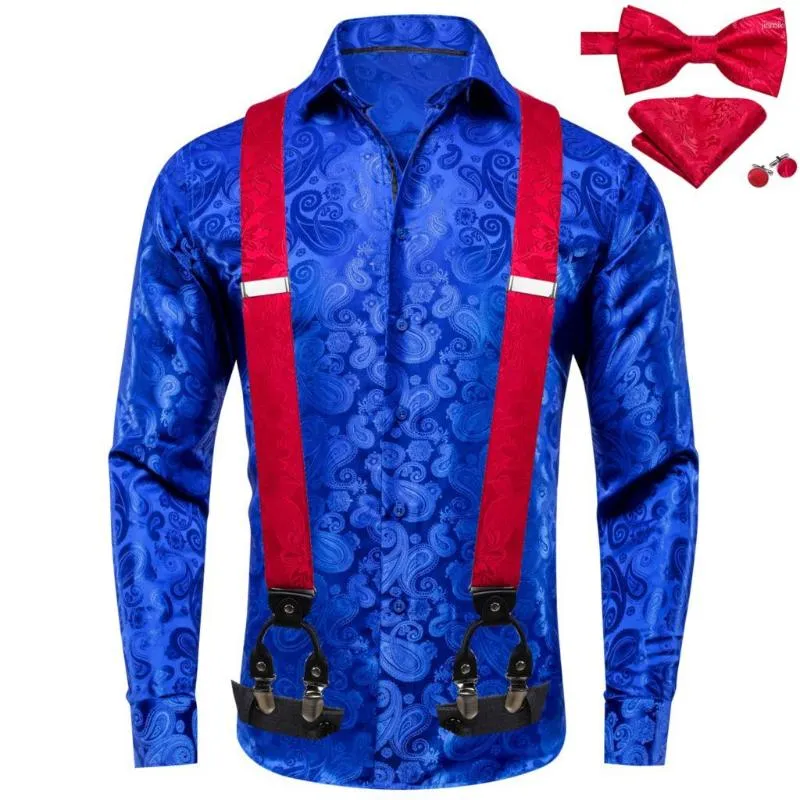 Herrklänningskjortor Hi-Tie Royal Blue Silk Mens med hängslen Bowtie Hanky ​​manschettknappar Suspender långärmad skjorta Jacquard Male Wedding Business Business